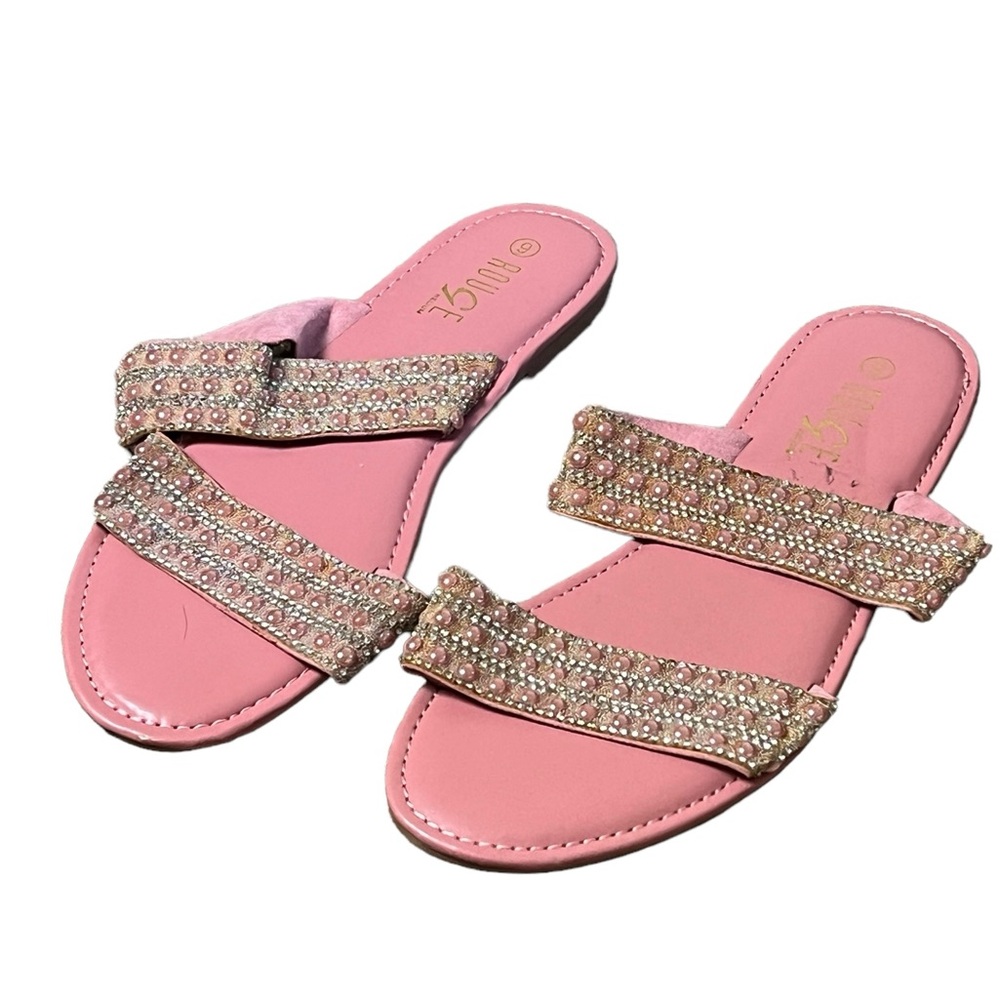 Rouge | Pink embellished flats 2 strap sandals women’s size 9